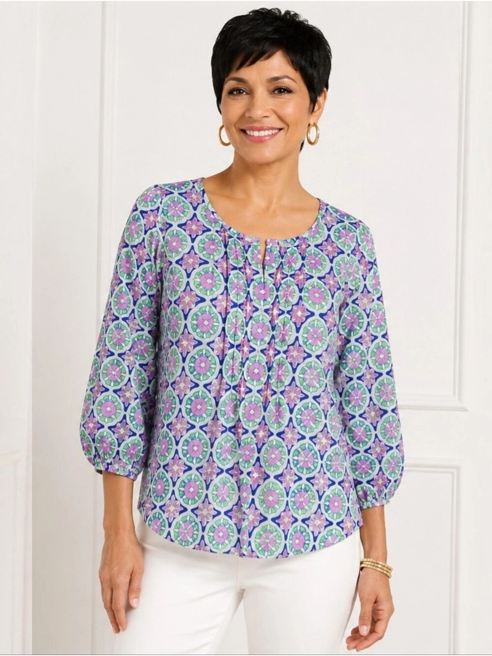 Talbots Petites Floral Print Blouse Large Petite Pintuck Detail